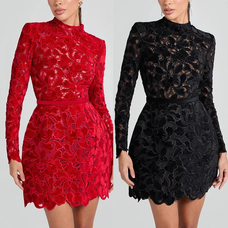 

customized women's adult fashion clothing sexy perspective hollow lace long sleeved zipper dress casual party banquet dressing