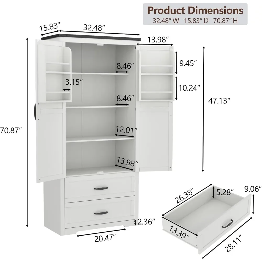 Kitchen Cabinets Farmhouse Kitchen Storage Room with Induction Lights and Adjustable Shelves, Equipped with 2 Drawers Furniture