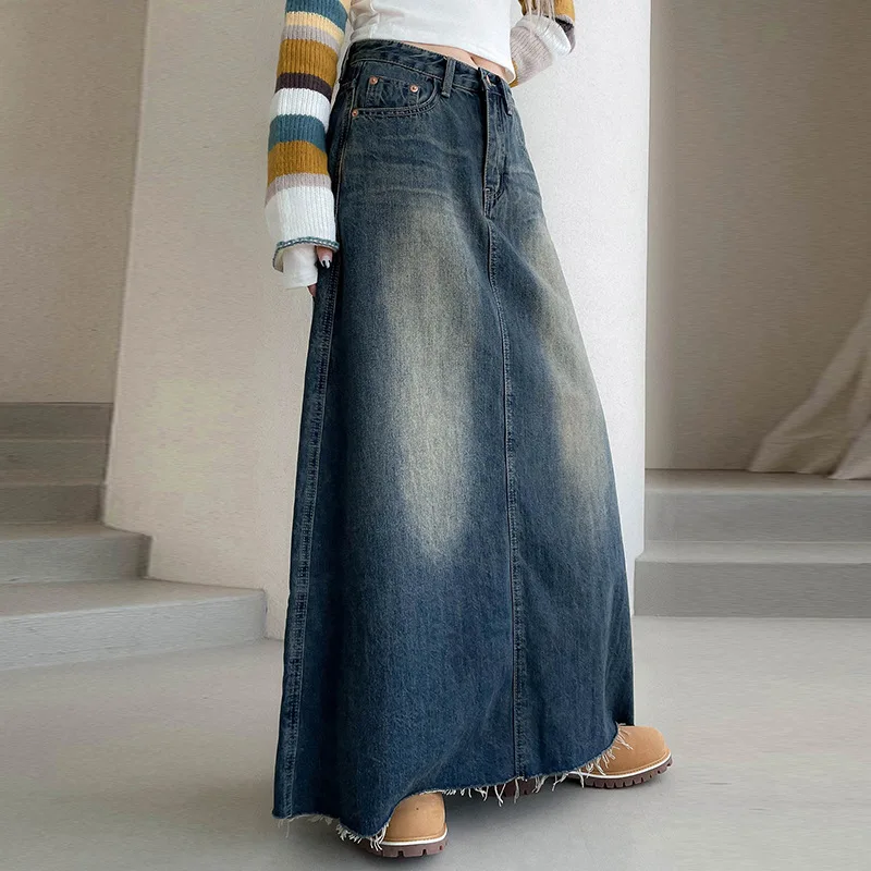 Washed Denim Skirt for Women Distressed High Waist Pockets Loose Vintage A Line Autumn 2024 Long Skirts Female Streetwear