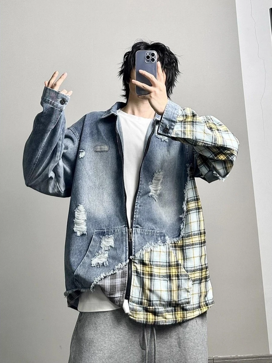 

American Sle Irregular Plaid Splicing Hole Denim Jaet Men's Women's Retro INS Trend Outerwear Stand Fit Youth ular