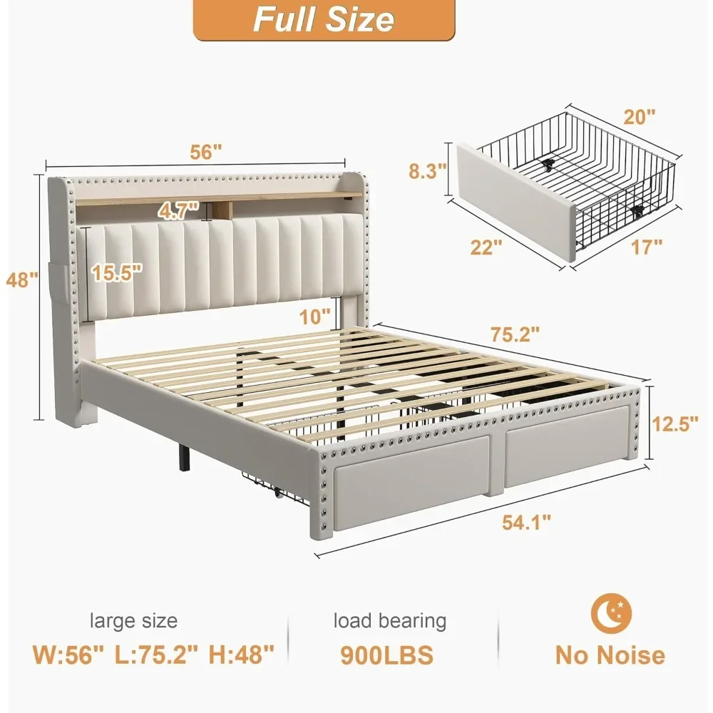 Bed Frame with Headboard and Storage, Upholstered Bed Frame with Storage, Sturdy Bed Frame with 2 Drawer