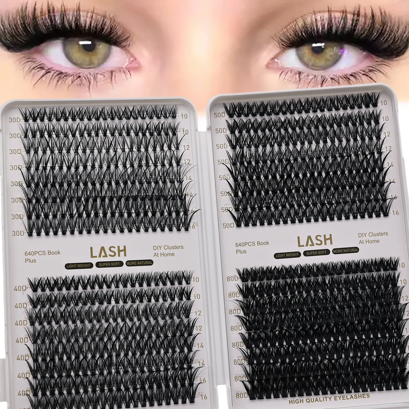 DIY Lashes Book D Curl 640Pcs Mixed 30D 40D 50D 80D 10-16mm Individual Lash Clusters Extensions