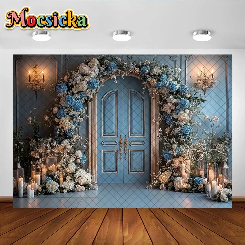Mocsicka التصوير خلفية الأزهار قوس باب خشبي الديكور خلفية كعكة سحق استحمام الطفل صورة استوديو الدعامة راية