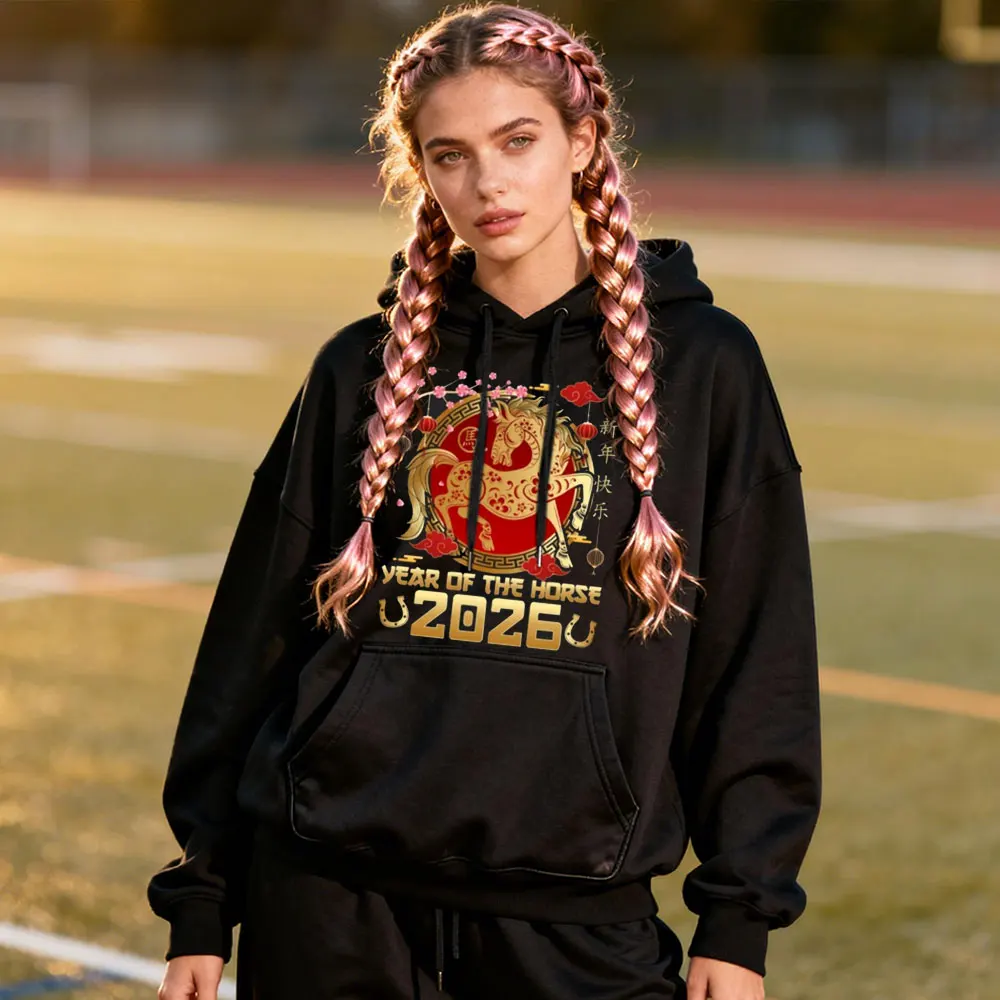 馬年 20260 プルオーバー レディース パーカー 新年明けましておめでとうございます! 楽しいホリデー プルオーバー Y2K ユニーク オーバーサイズ パーカー スウェットシャツ