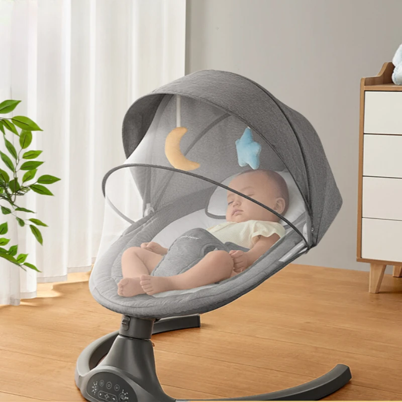 Baby Electric swing cradle children\'s intelligent toy bed newborn coaxing portable controller rocking chair gray Linen Fabrics