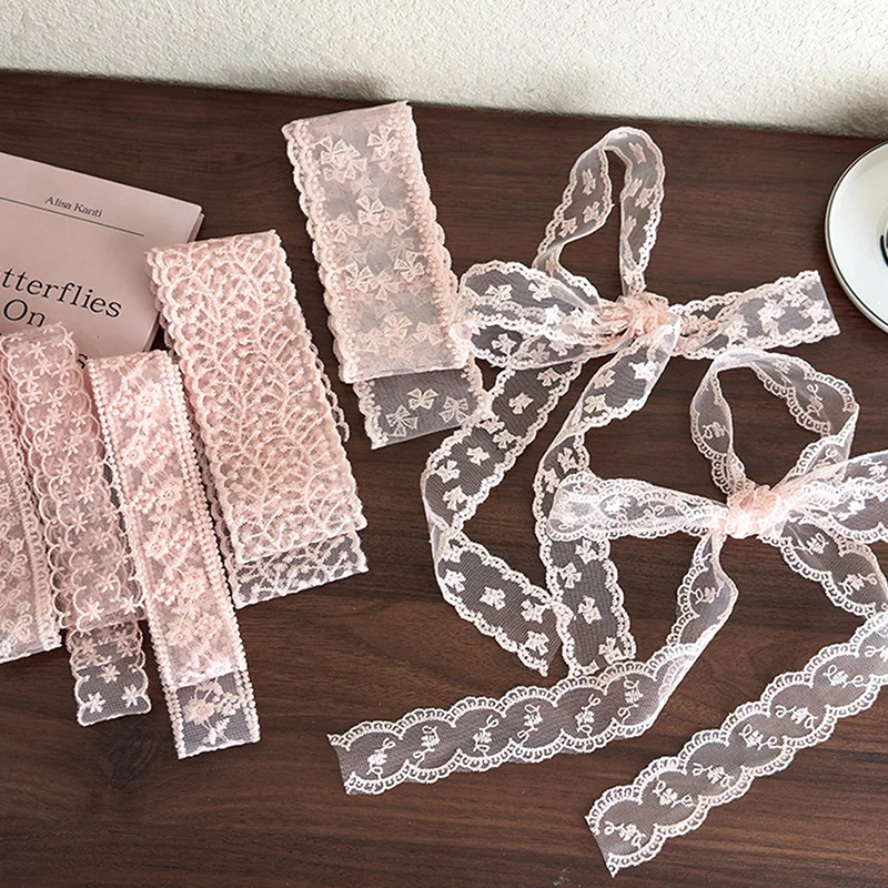 

Sweet Pink Lace Flowers Long Strip Silk Scarf Headband Fashion Bow Hair Rope For Women Girls Elegant Hair Tie Headdress Gifts