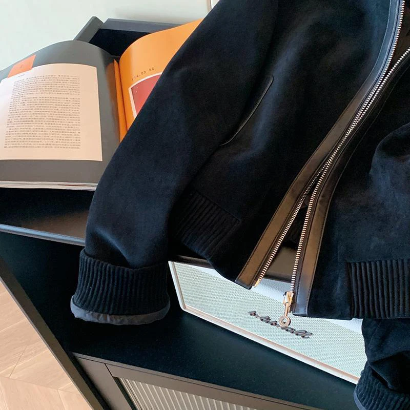 المرأة الرجعية سترة سوداء ربيع الخريف مجموعة جديدة الجلد المدبوغ الربط بولي Leather الجلود بدوره إلى أسفل طوق فضفاض سستة نمط البنطال القصير