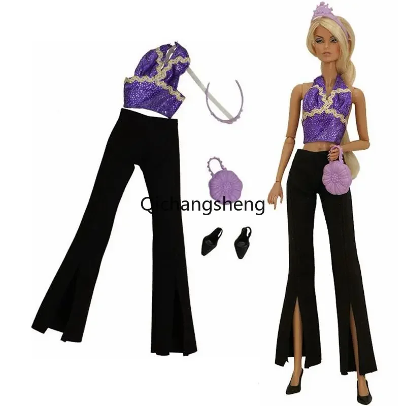 Charming Black 1/6 Doll Clothes For Barbie Outfits Set For Barbie Accessories Purple Top Pants Trousers Shoes Bag Kids Toy 11.5