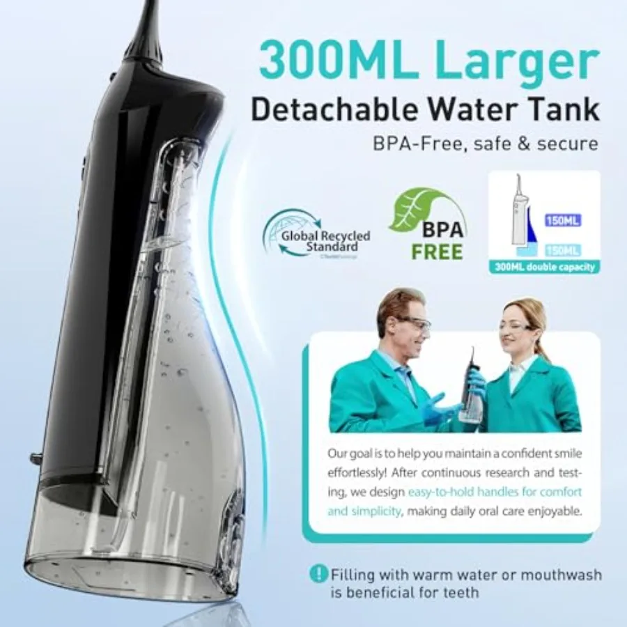 ADA Accepted Water Dental Flosser Teeth Pick C20: Portable Cordless Oral Irrigator 300ML Rechargeable Travel Irrigation Cleaner view 3