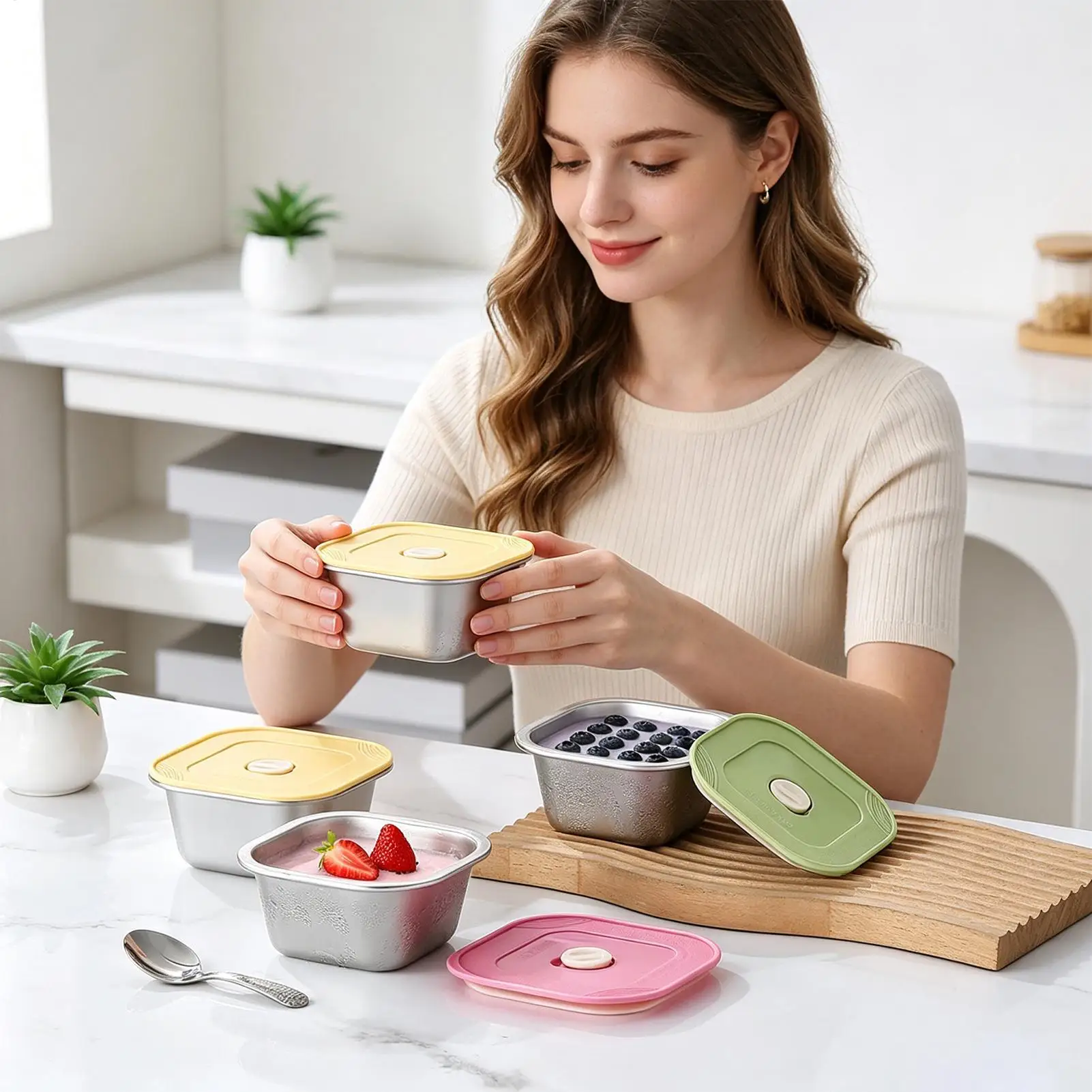 Reusable Ice Cream Containers 3 Pieces Food-grade Airtight Cups with Silicone Lid And Spoon 400ml Ice Cream Pint Containers for