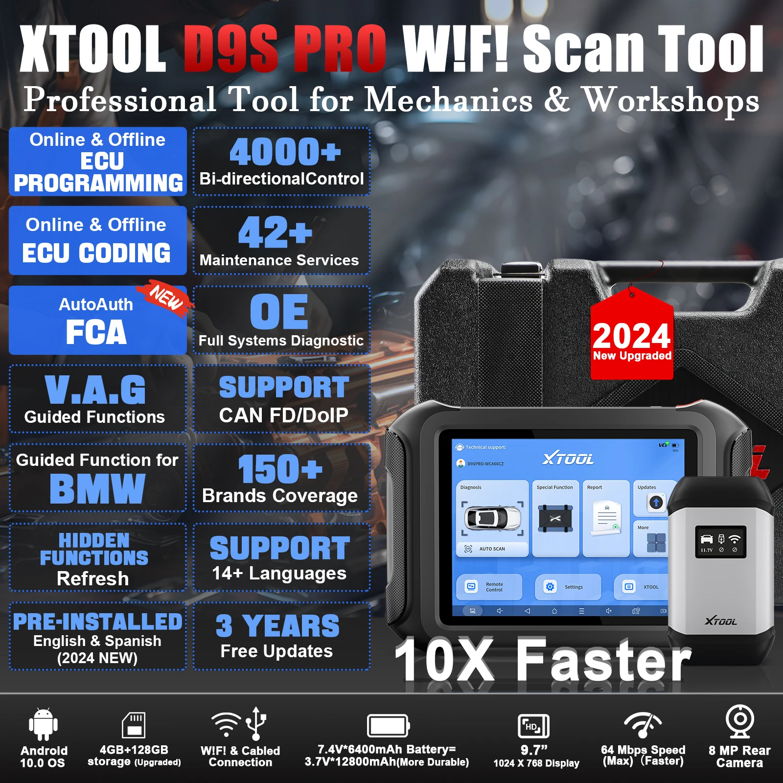 XTOOL D9S PRO Cars Wireless Car Diagnostic Tools ECU Programming FCA Autoauth 45+ Resets With 3-year Free Update Topology Map