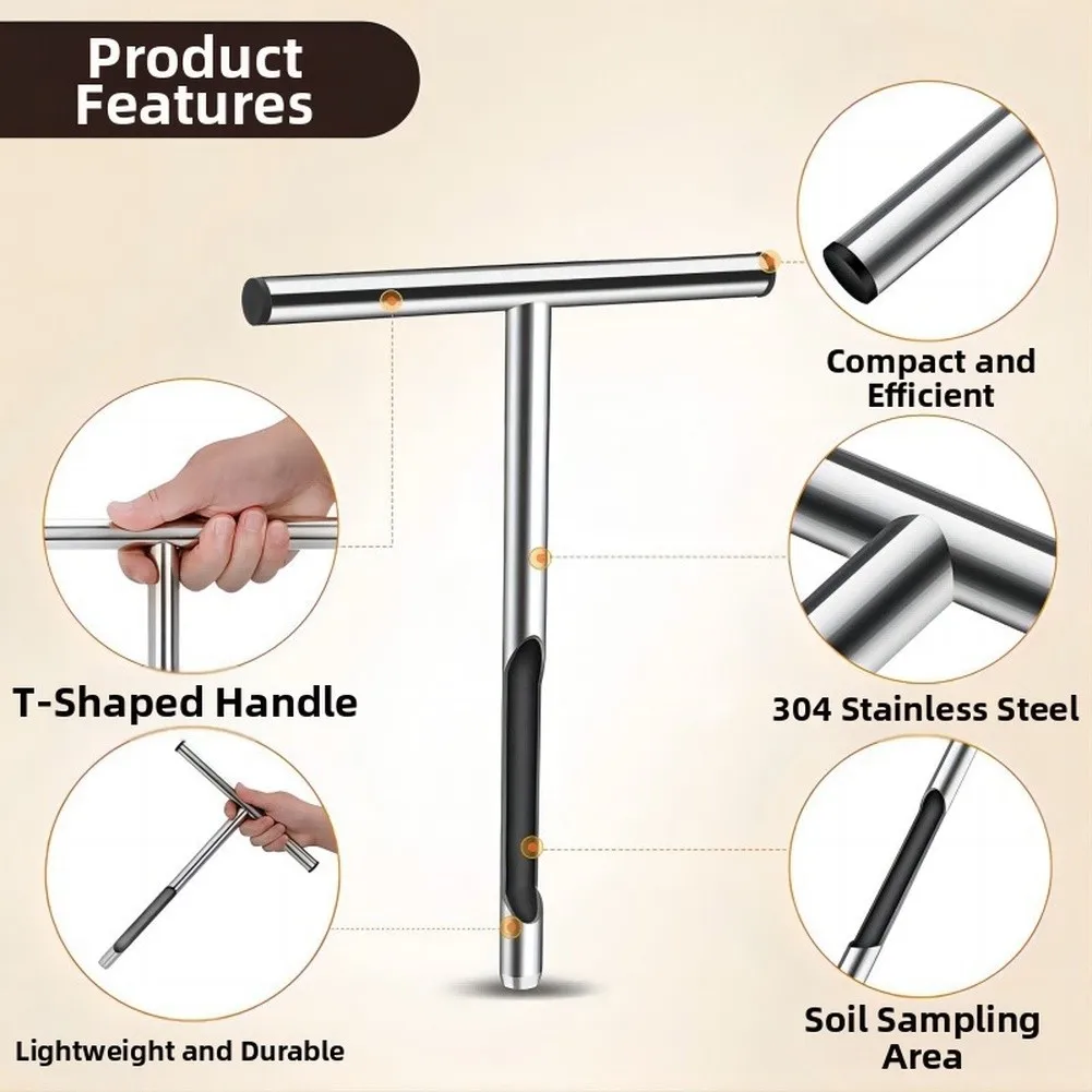 1pc Stainless Steel Soil Sampler 12 / 21 Inch T Handle Core Probe For Garden Lawn Farm Agriculture Testing Tools
