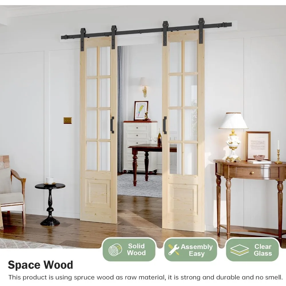 

36x84 Inch Clear Glass French Interior Door with Barn Door Hardware Kit Spruce Wood Support Easy Assembly