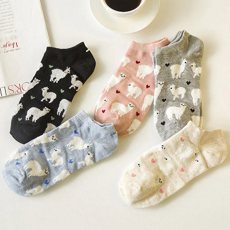 6pcs=3 Pairs Funny Short Ankle Socks Women Invisible Alpaca Style Happy Socks Breathable Quality Cotton Hosiery Calcetines Meias