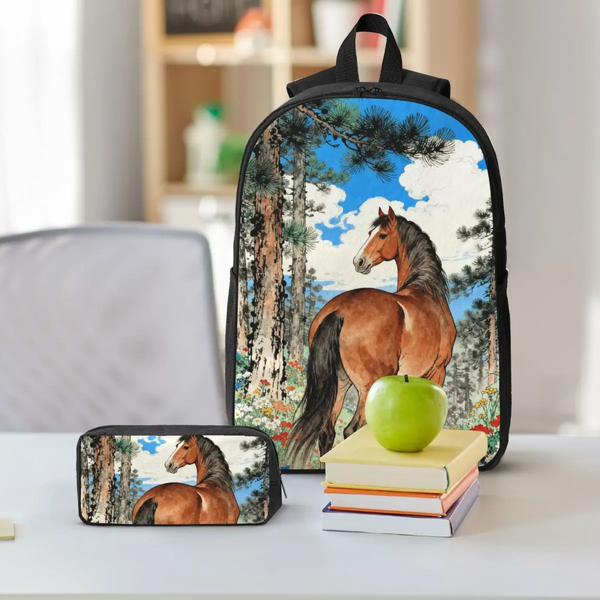 Vintage Horse Running Among Green Flowers Backpack Student BookBag School Bag Shoulder Bags 3ps Insulated Lunch Bag Pencil Case