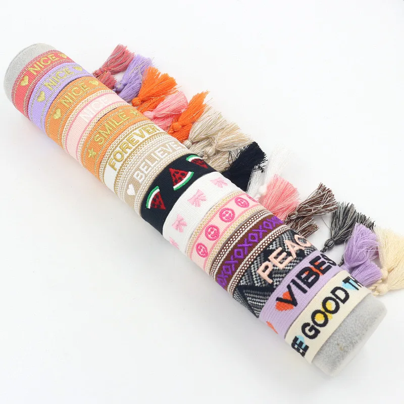 Bohemia Summer Mori Style Girl Embroidered Bow Letter Bracelet Handmade Woven Tassel Wrist Band Fashion Jewelry Wholesale Gift