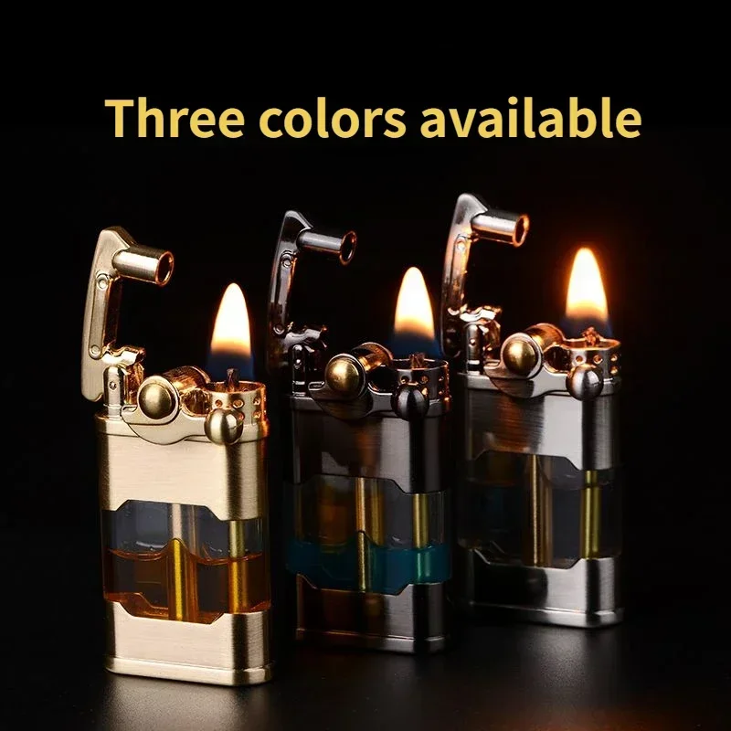 Retro Old-fashioned Windproof Kerosene Lighter Push-button Ignition Creative Rocker Transparent Fuel Tank Men's Smoking Tool