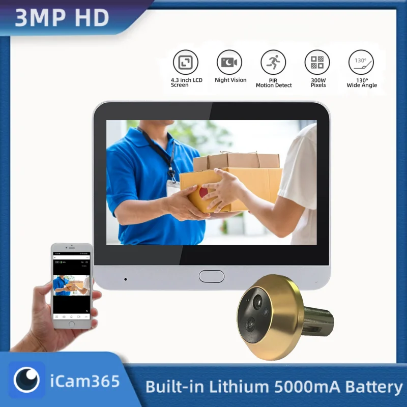 Cámara de seguridad de 3MP iCam365, mirilla de Audio unidireccional para el hogar, vídeo, Ojo de puerta, 2,4G, Wifi, Visor de puerta Digital inalámbrico con LCD