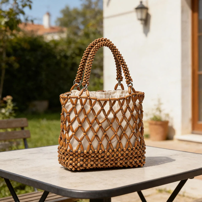 

European-style Solid-color Hand-woven Tote Bag Openwork Beaded Beach Vacation Bag Drawstring Lining Elegant Structured Stylish