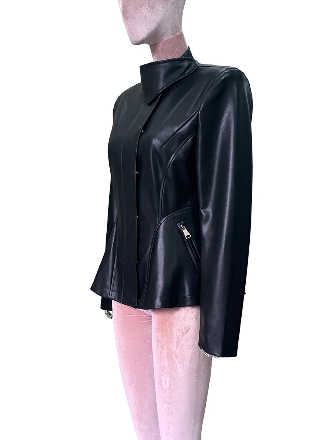 Nerazzurri Women's Short PU Leather Jacket Belted Waist Stand Collar Black Slim Fit Biker Coat Fashionable Waterproof Coats