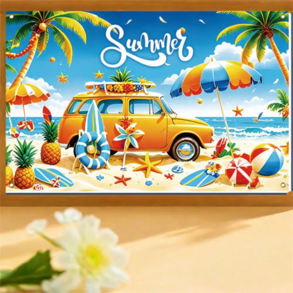 Tropical Theme Summer Beach Backdrop Colorful Print Portable Hawaiian Photography Background Flower Parasol Ball Design