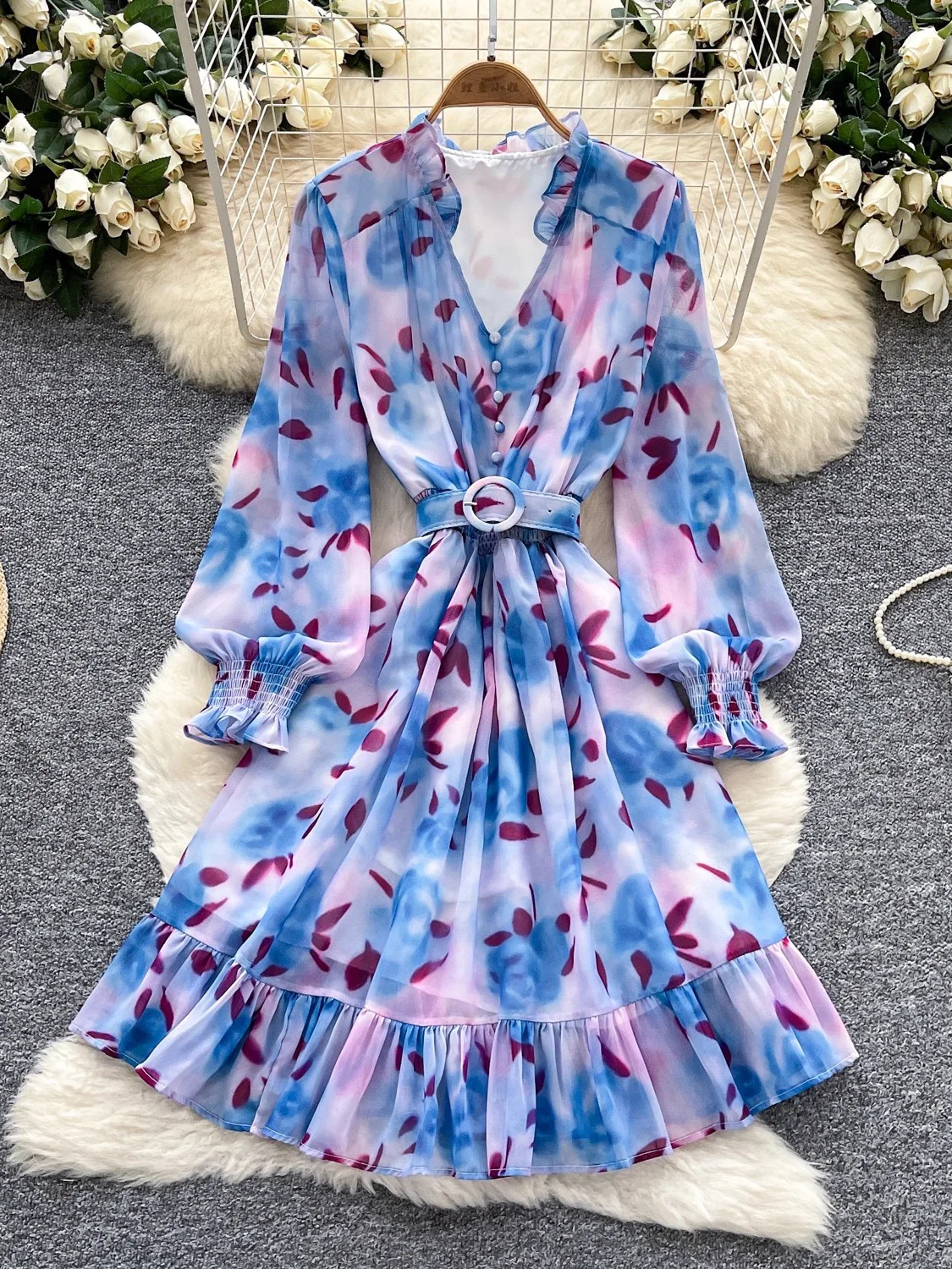 الخريف خمر المرأة المطبوعة فستان قصير أنيق فانوس كم طويل كشكش الخامس الرقبة ألف خط Vestidos عطلة الشاطئ موضة جديدة