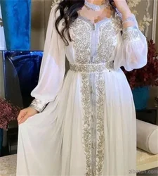 Luxury White Prom Dress With V-Neck Beaded Lace Strap Chiffon Fabric Elegant Long Sleeves To Floor-Length Muslim Style Evening