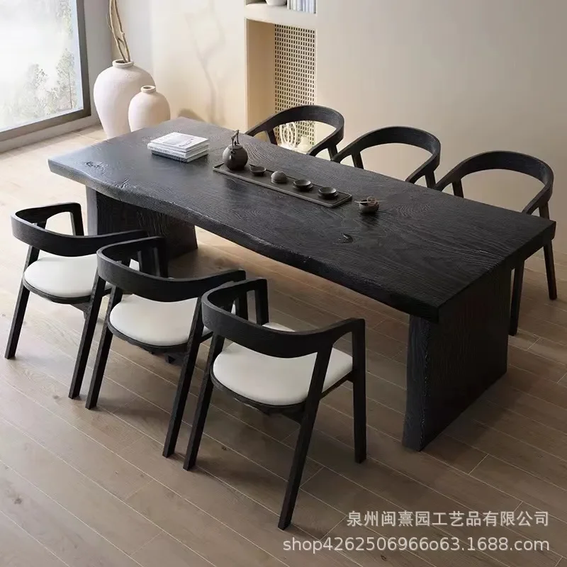Wabi Sabi Black Solid Wood Kung Fu Tea Table Large Board with Chairs Simple Creative Reception Conference Desk for Tea