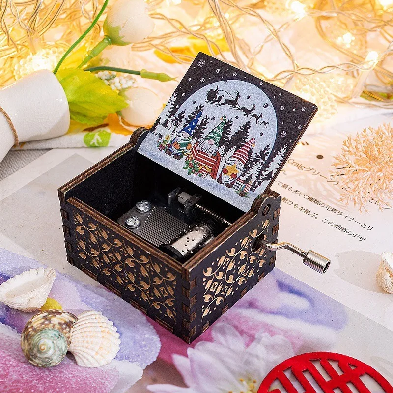 Wooden hand-cranked music box Merry Christmas music painted music box stall ornaments wholesale exquisite gifts.