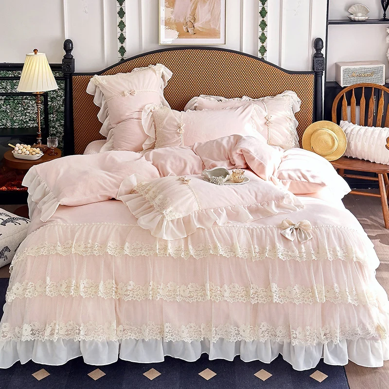 Three-layer Lace Ruffles Bow Princess Wedding Bedding Set Thickened Warm Velvet Duvet Cover Bedspread Bed Sheet Pillowcases 4Pcs
