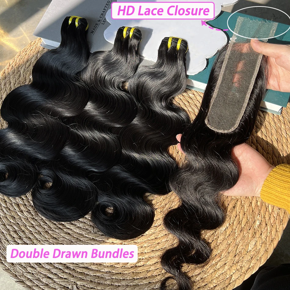 

Double Drawn Human Hair Bundles With 2x6 HD Transparent Lace Closure Body Wave Raw Virgin Wavy Human Hair Weaving Extensions