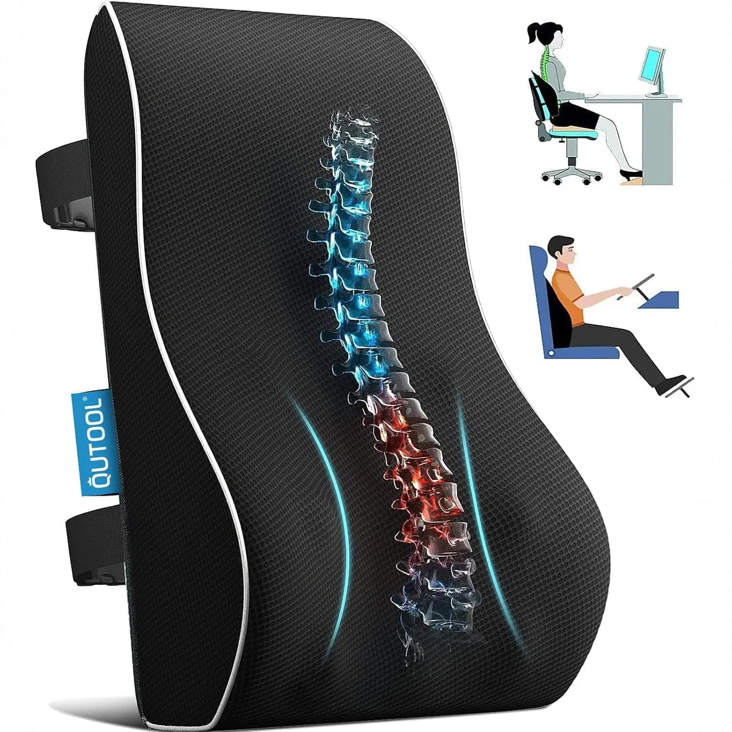 Ergonomic Lumbar Support Pillow for Office & Car – Back Pain Relief, Improve Posture, Mesh Cover, Adjustable Straps