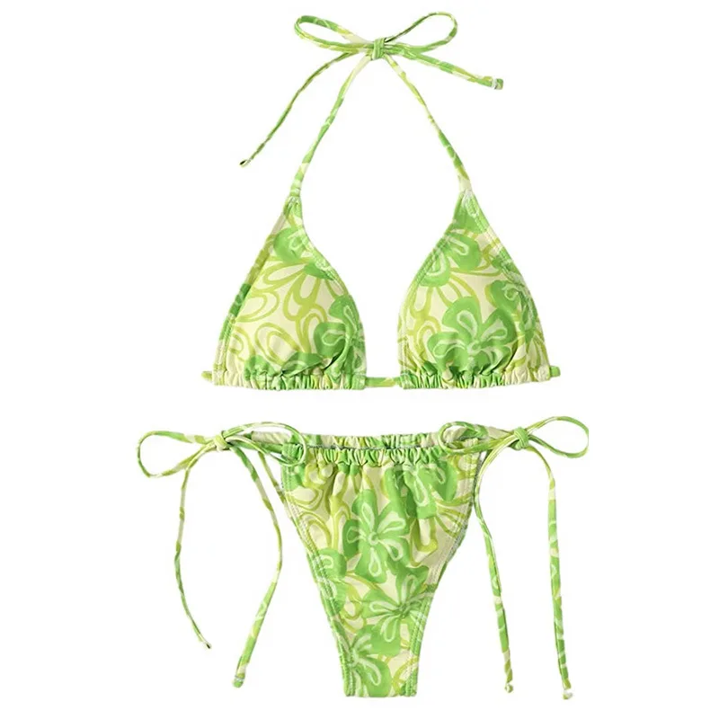 Badeanzug 2025, weiblicher Micro-Bikini, Damen-Bademode, Sommer, Strandmode, Damen-Badeanzug, Blumendruck, Halter, Tanga, Bikini-Set