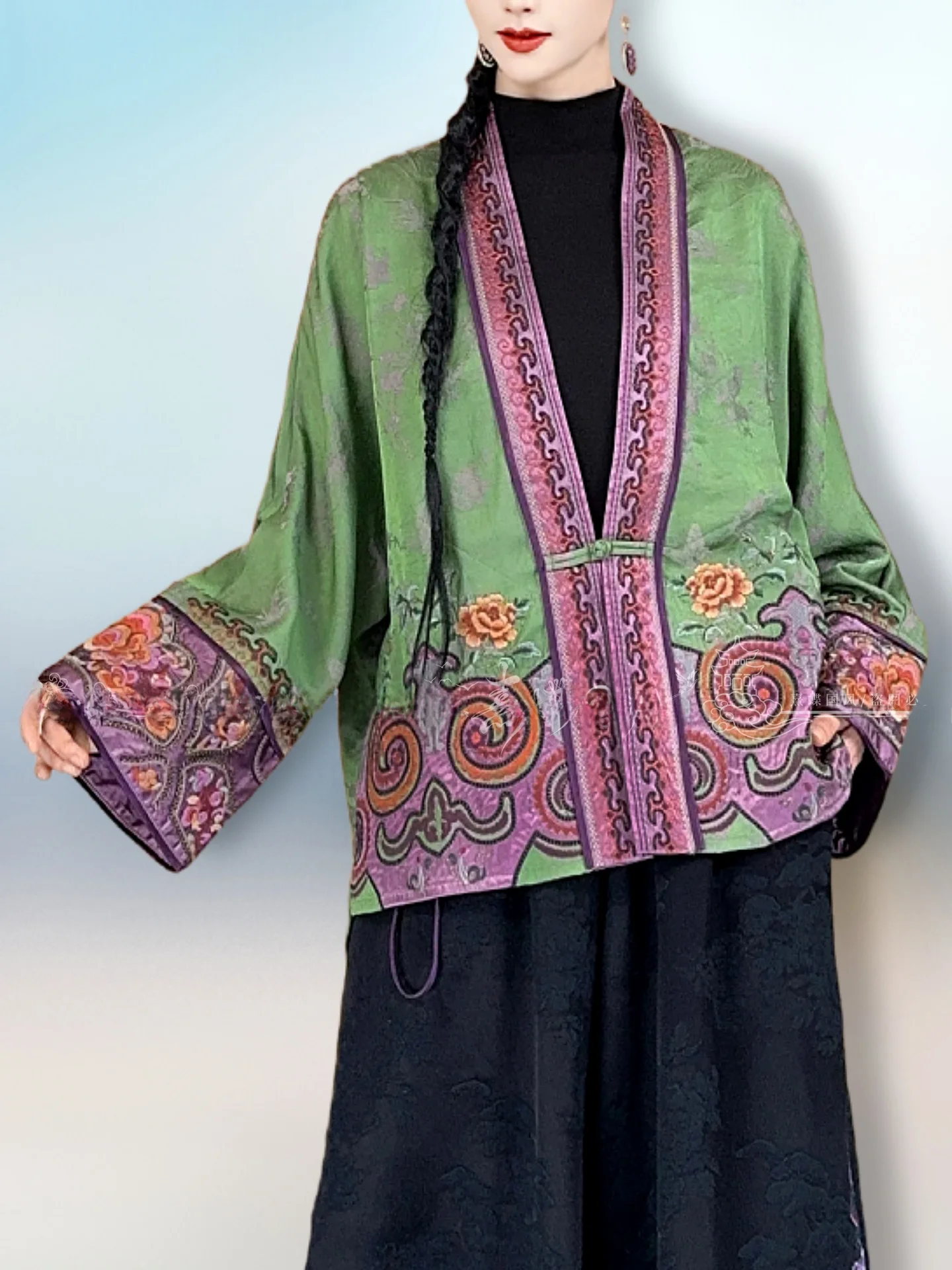 

Ele винтажная шелковая верхняя одежда с китайской вышивкой, топ с v-образным вырезом на пуговицах, свободный крой, весна-осень, Mrs Dr Code Faion