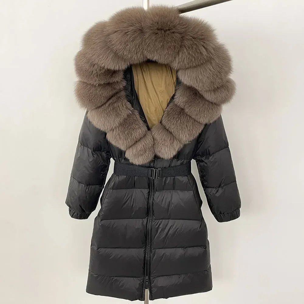 New Natural Thick Warm Long Winter Jacket Women 90% White Duck Down Coat  Real Big Fox Fur Collar Belt Loose Puffer Parka