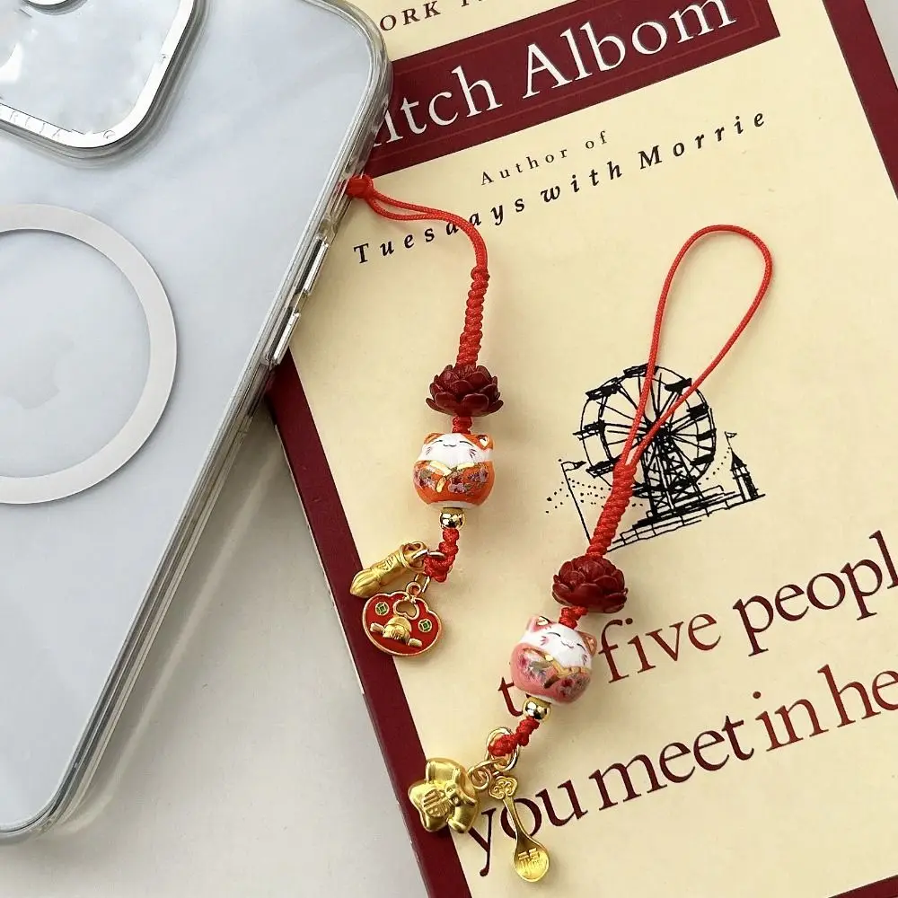 Cartoon Maneki Neko Key Chain Ceramic Phone Lanyard Lucky Cat Mobile Phone Pendant Bag Decoration Ornament Lucky Cat Phone Strap