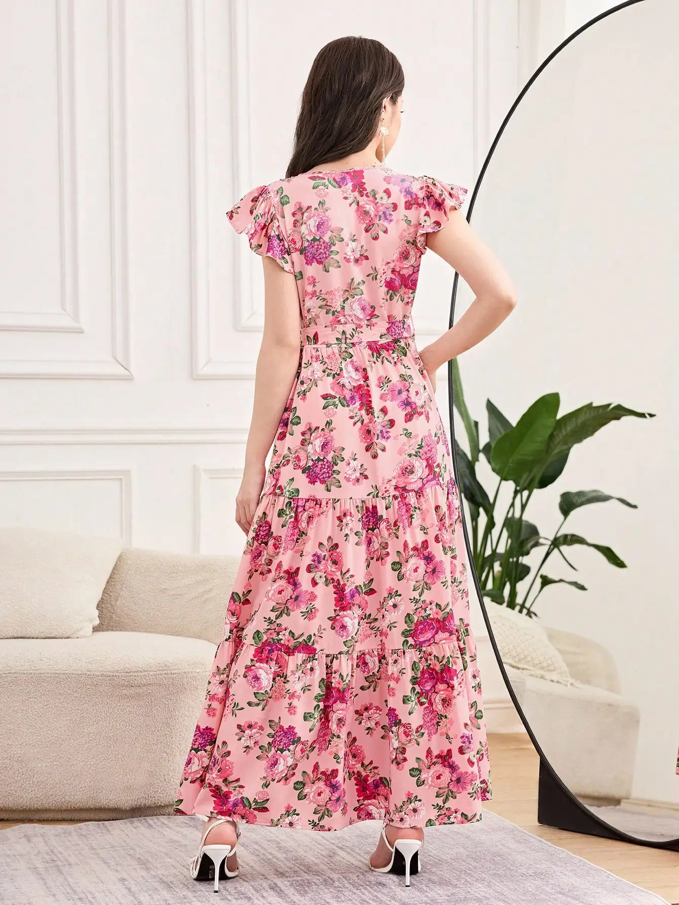 

Floral Print Ruffle Sleeve V-Neck Tiered Maxi Dress For Women