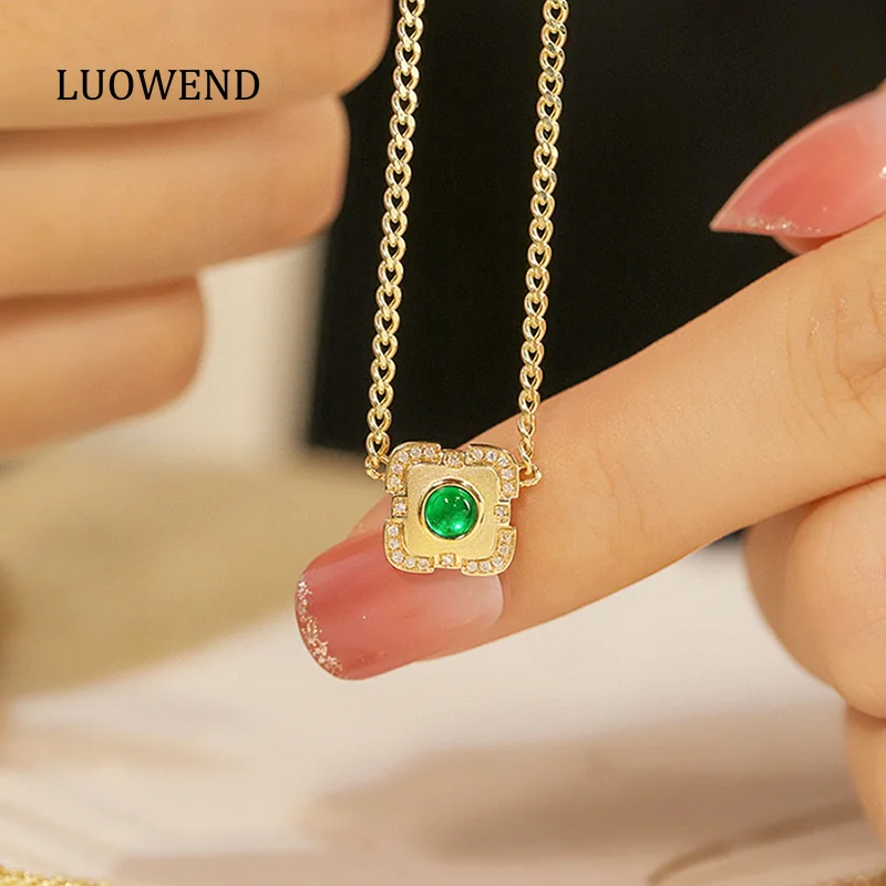 LUOWEND 18K Yellow Gold Necklace Cuban Chain Vintage Square Design Shiny Diamond Natural Emerald Necklace High Women's Jewelry