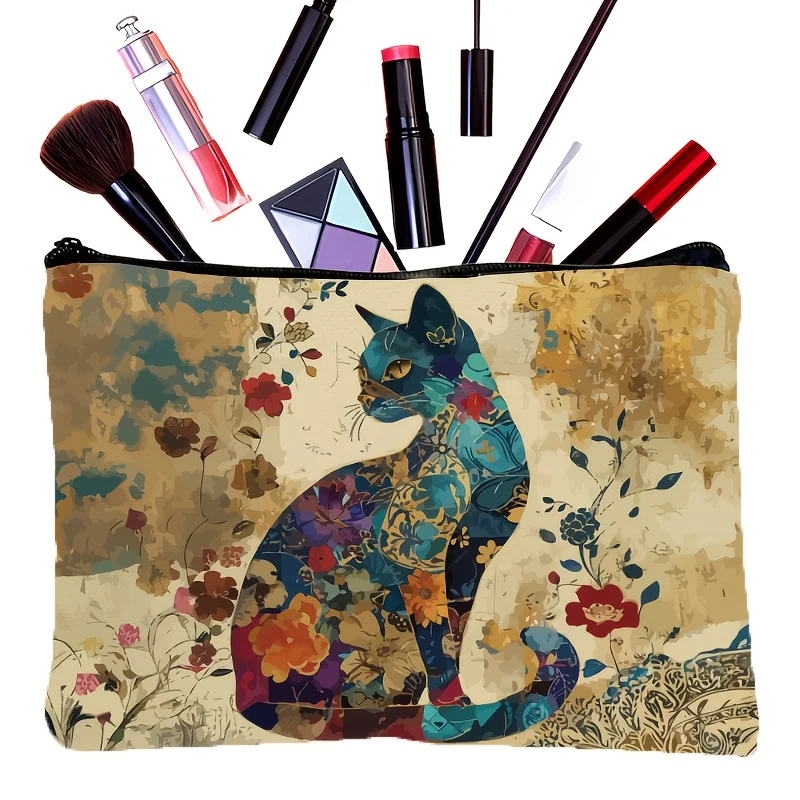 حقيبة مكياج خفيفة الوزن من البوليستر بنمط قطة الزهور النابضة بالحياة مع حقيبة مستحضرات تجميل للسفر بسحاب للنساء، زهور بتصميم فني