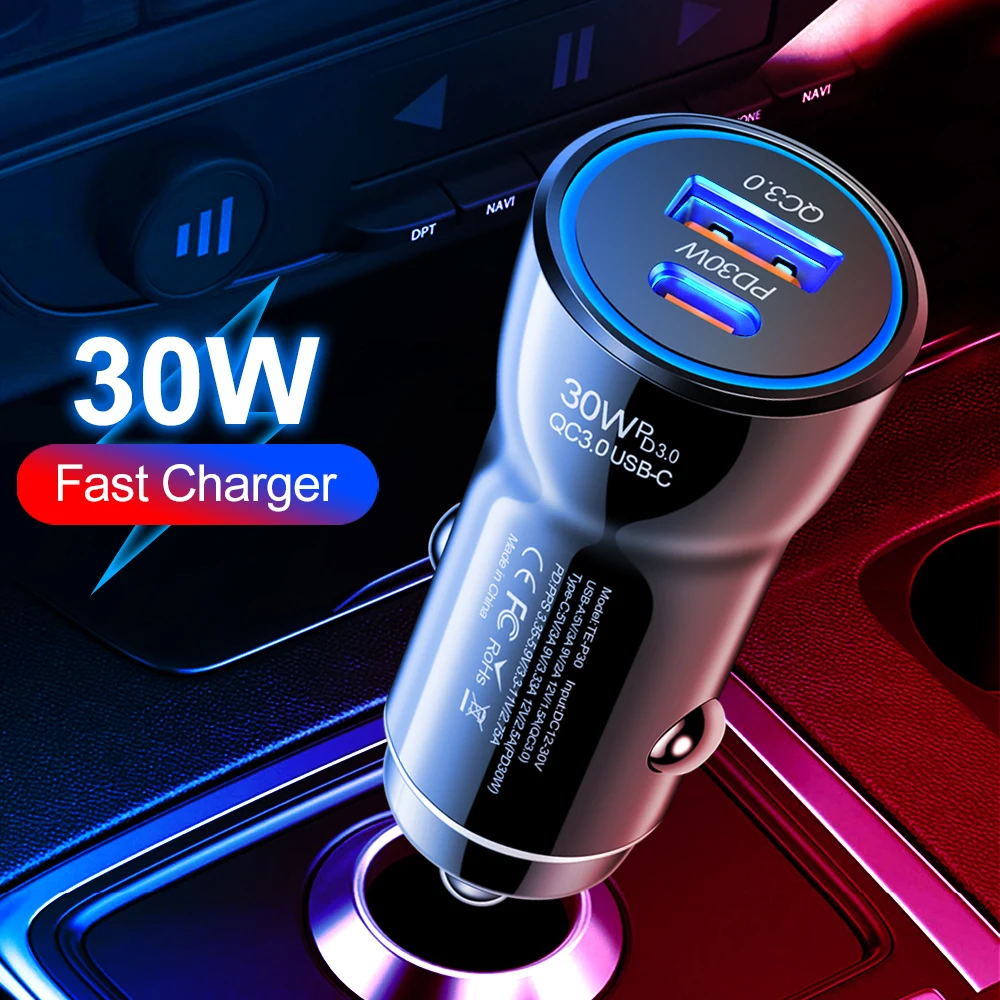 30W PD QC 3.0 Flash Car Charger Fast Charging USB C Charging for Apple iPhone 12 13 14 15 Pro/Max/Plus Samsung Quick Car Charger