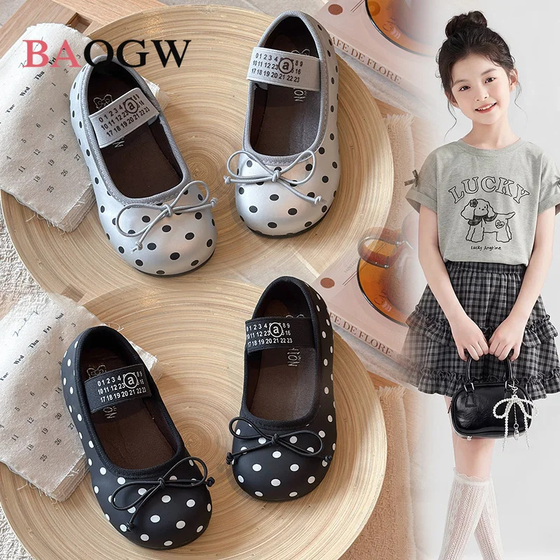 

2026 Summer Soft Bow Polka Dot Black Mary Jane Shoes Breathable Round Toe Flats for Toddler Kids Daily Princess Wear