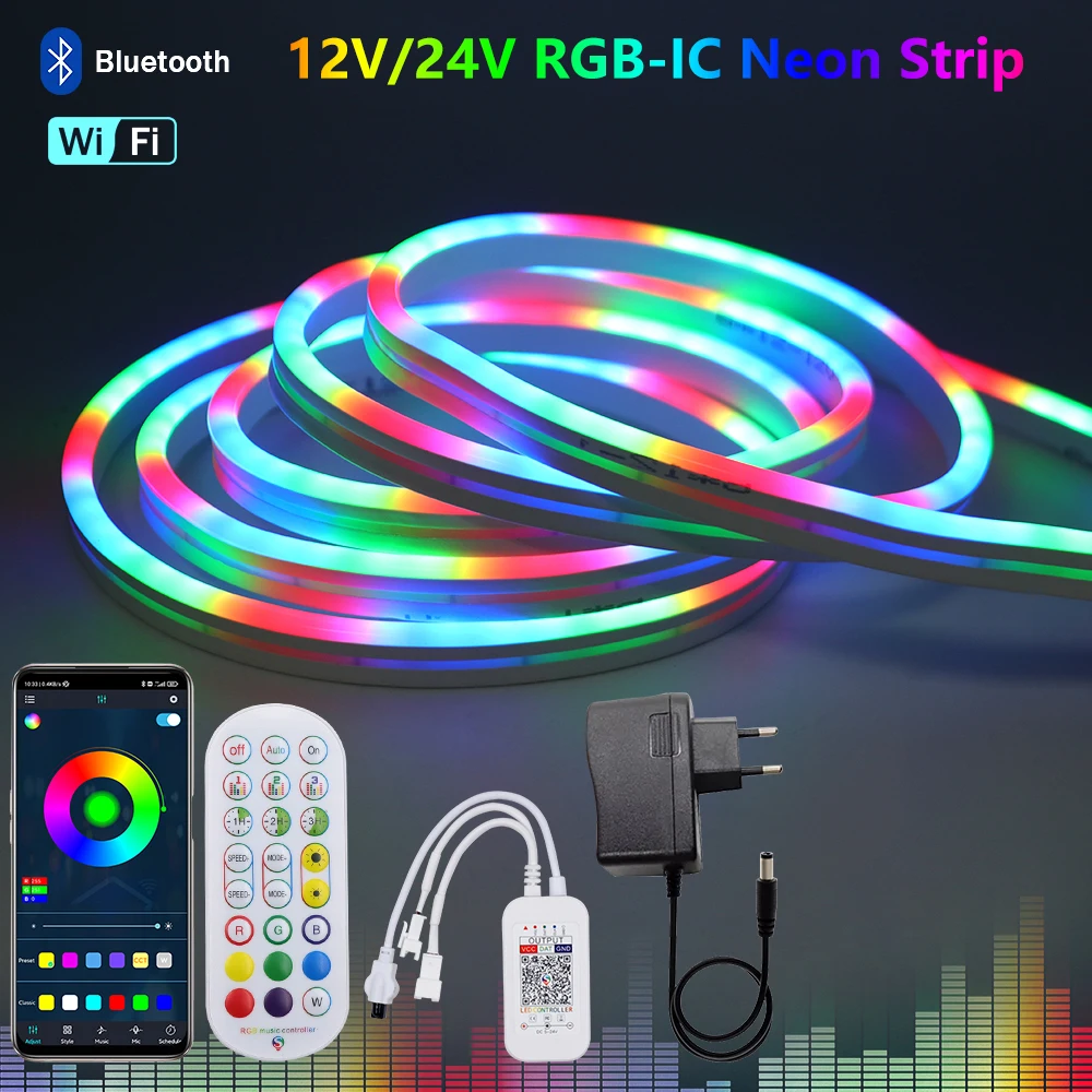 12V 24V RGB IC LED Neon Strip Addressable Dream Color Neon Rope Light Flexible Tape WiFi Bluetooth Music Sync Smart App Control