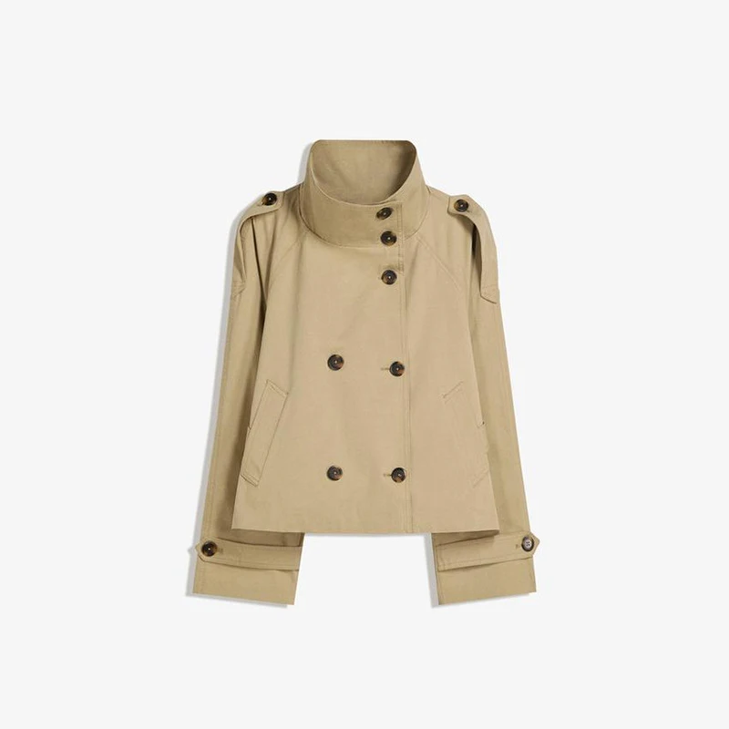 2026New vintage-style double-breasted short trench coat with a stylish collar and tie, versatile long-sleeve jacket