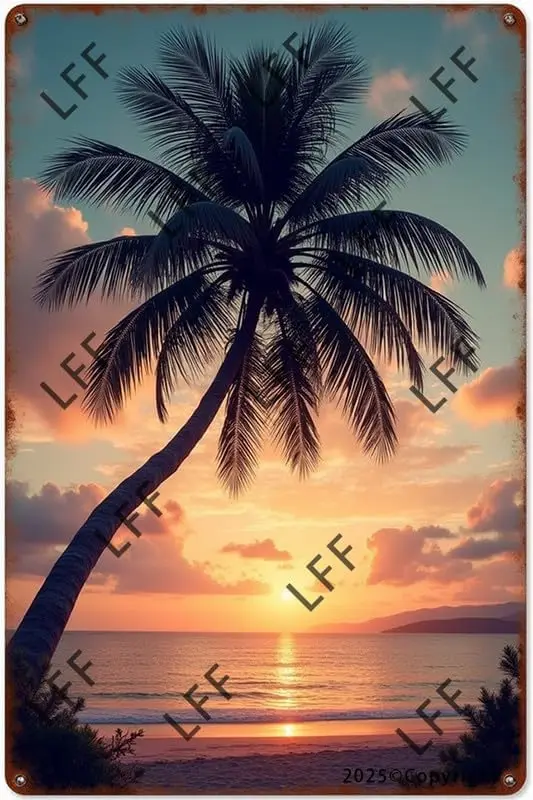 1d,XJPXFQ Vintage Metal Tin Sign A Tree Is Silhouetted Against A Sunset Over The Ocean Wall Art Poster Novelty Sign