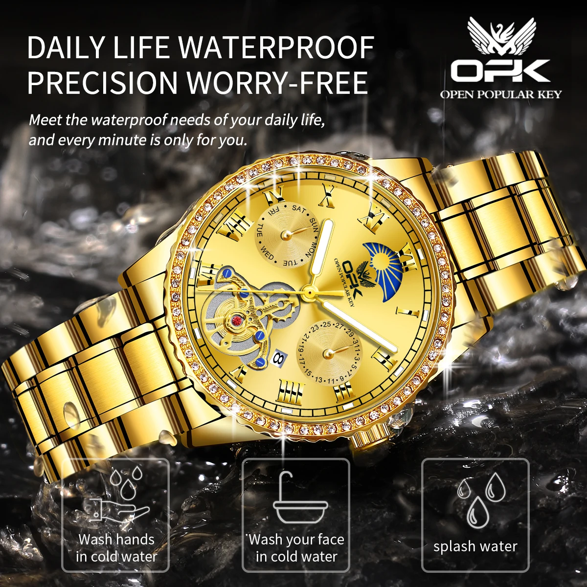 OPK brand luminous waterproof diamond-encrusted steel band men's quartz watch 8147