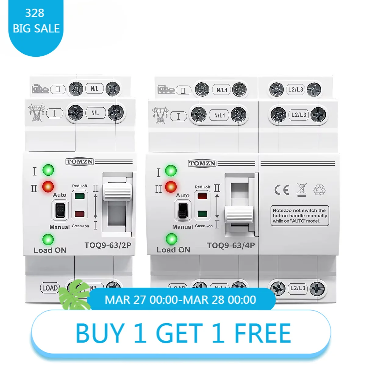 TOMZN TOQ9 Slim ATS DIN Rail Dual Power Automatic Transfer Switch 2P 4P AC230V 63A 50/60Hz Uninterrupted Changeover