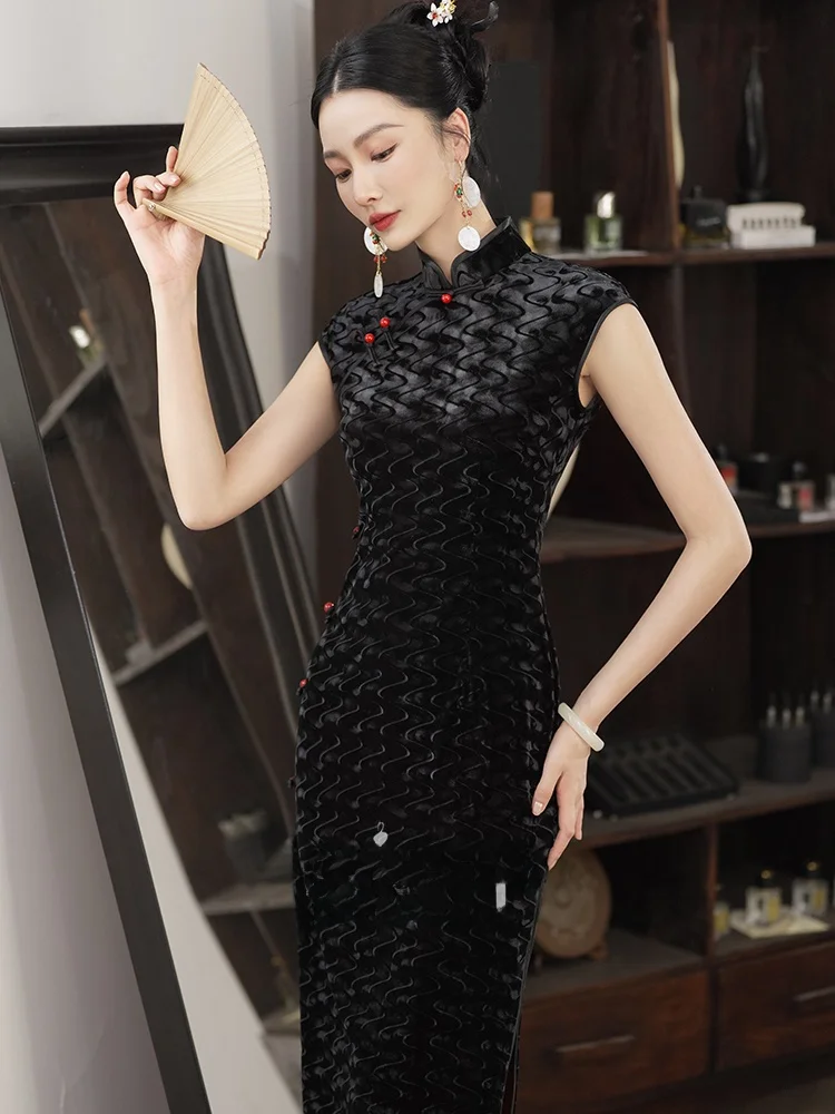 Young Style Black Velvet  Dress Retro Chinese Style Daily Wear Short Sleeve mid Length for Women 25-35 Years Old