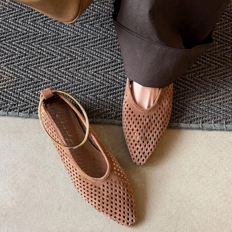 Women's Leather Flats with Ankle Strap - Office Casual Shoes