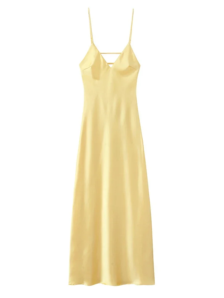 Women Solid Satin Sling Long Dress Casual Backless Sleeveless V-neck Pleated Gowns 2026 Summer Vacation Evening Party Robes