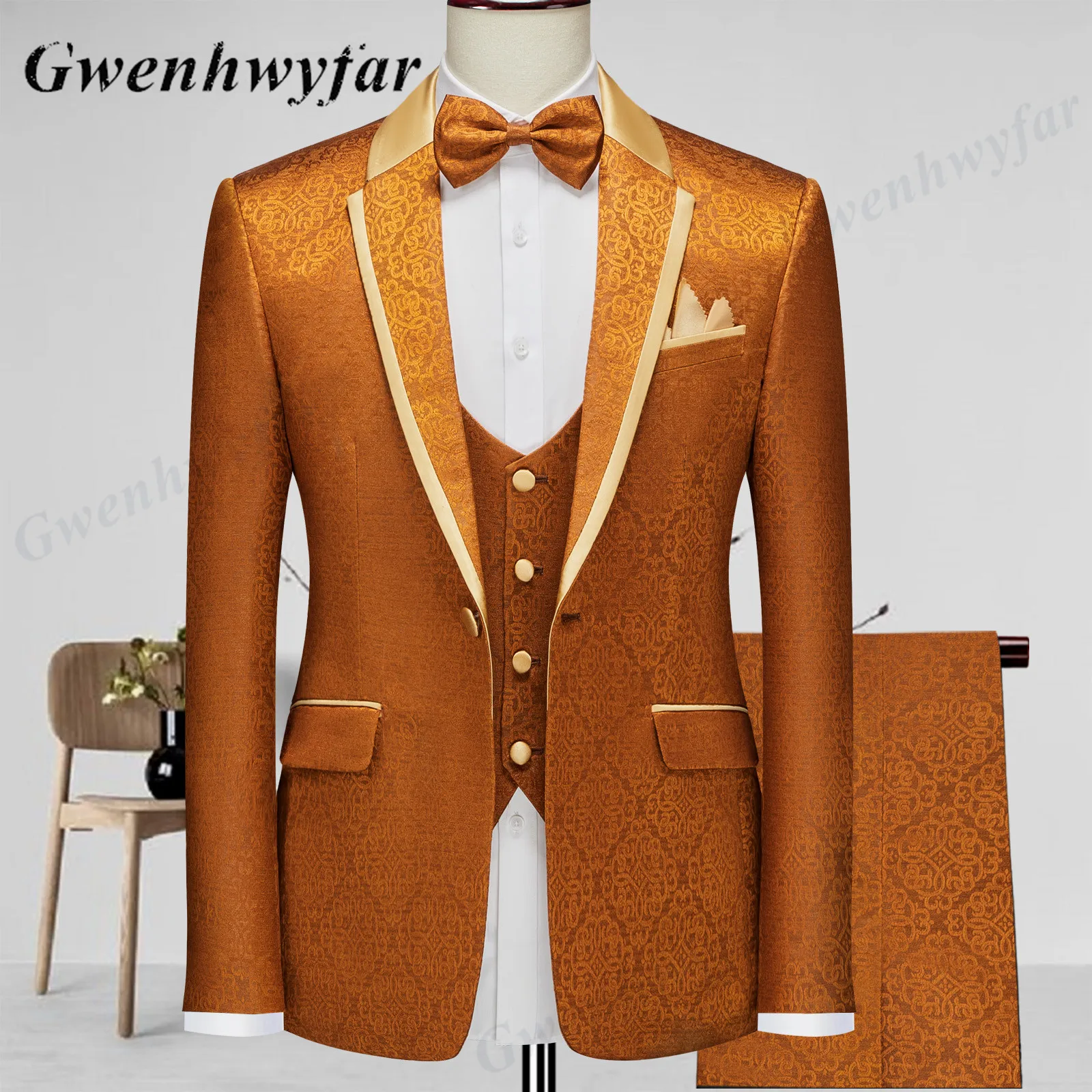 

Gwenhwyfar золотой воротник с круглым узором и лацканами, мужские смокинги для официальных вечеринок, гостей, 2026 джентльменских элегантных мужских костюмов, наряд из 3 предметов
